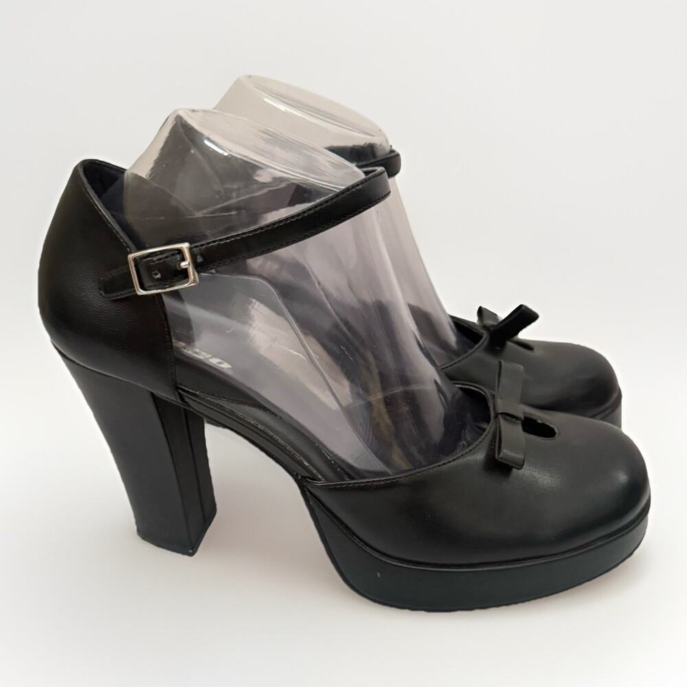 Vintage 90s Y2K Bongo Black Bow Platform Chunky Heels Shoes Mary Jane Rockabilly